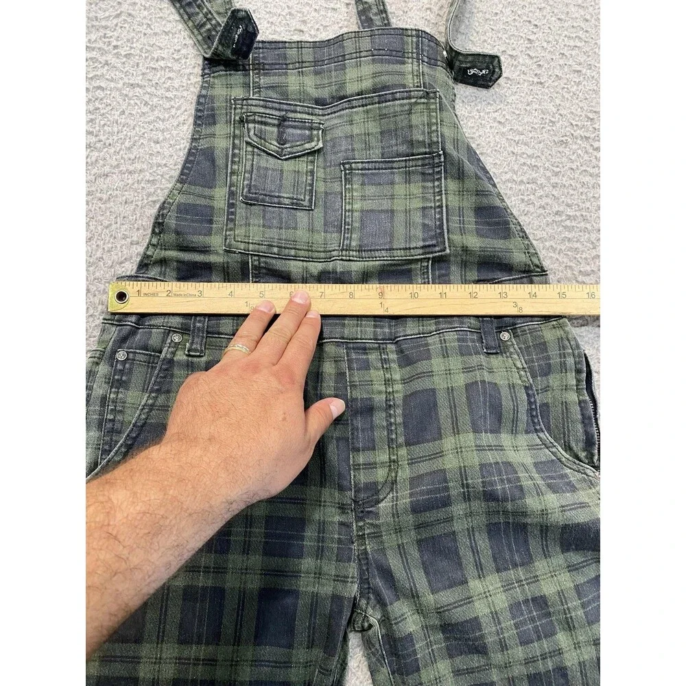 Free People Overalls Womens W 27 Green Plaid Denim Zip Pocket Utility Cropped - Picture 8 of 13